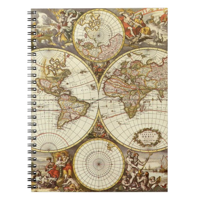 Caderno Espiral Mapa Antigo do Mundo Antigo por Frederick de Wit,  (Frente)