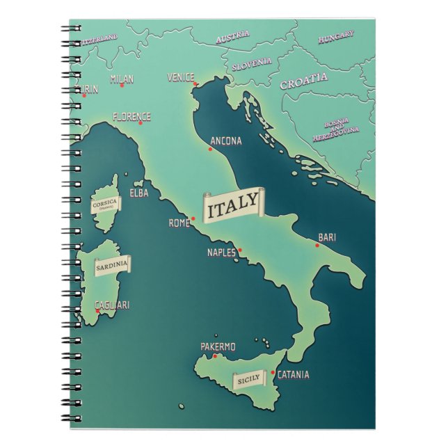 Caderno Espiral Mapa Clássico da Itália na Prancheta (Frente)