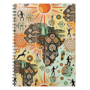 Caderno Espiral Mapa da África Elementos Tribais Padrão Decorativo