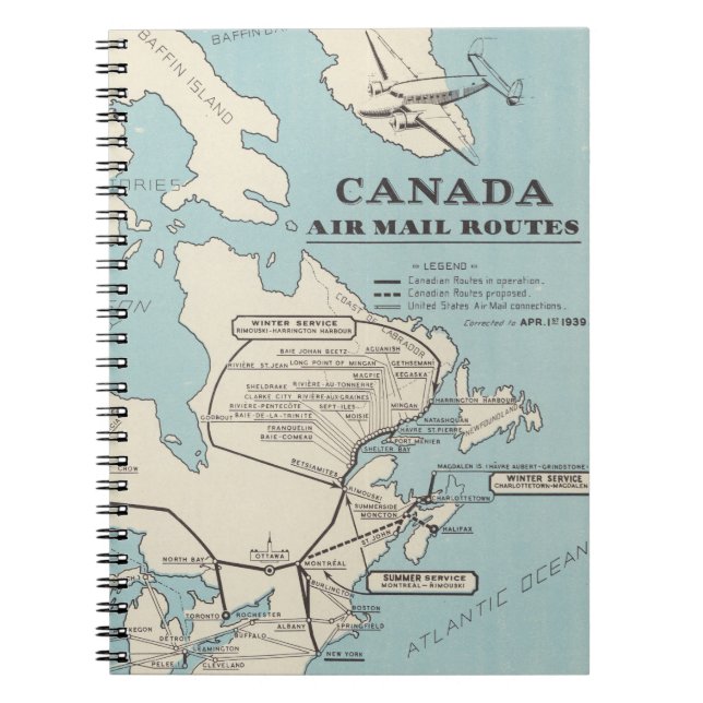 Caderno Espiral Mapa das rotas Canadá-Canadá de correio aéreo (Frente)
