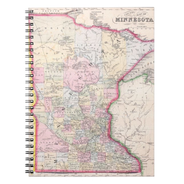 Caderno Espiral Mapa de Vintage de Minnesota (1864) (Frente)