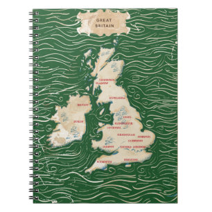 Caderno Espiral Mapa do poster do verde do vintage de Reino Unido