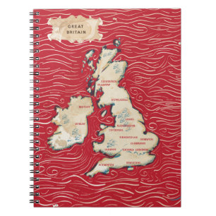 Caderno Espiral Mapa do poster do vermelho do vintage de Reino