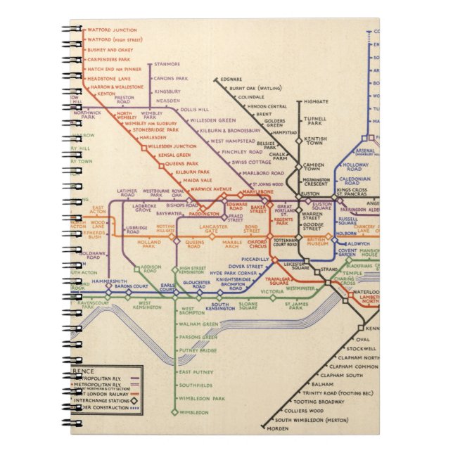Caderno Espiral Mapa dos Caminhos de Ferro Subterrâneos de Londres (Frente)
