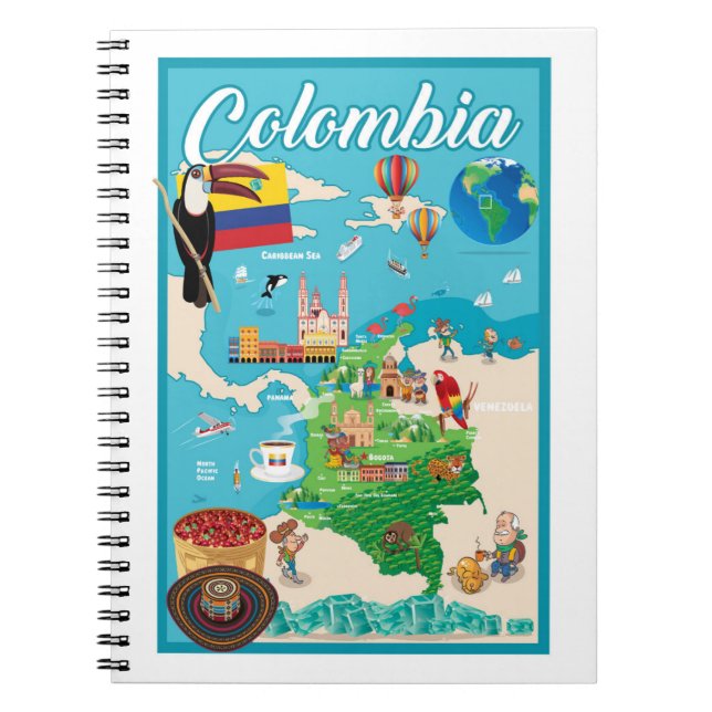 Caderno Espiral Mapa dos desenhos animados de Colômbia (Frente)