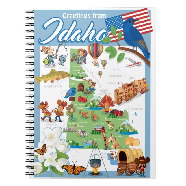 Caderno Espiral Mapa dos desenhos animados de Idaho (Frente)