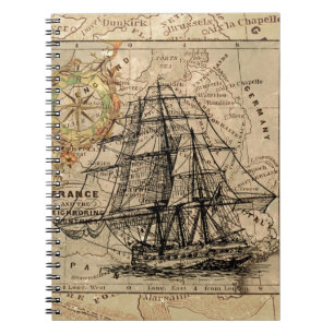 Caderno Espiral Mapa e navio antigo do General France