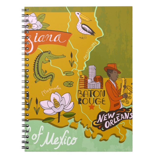 Caderno Espiral Mapa ilustrado da Louisiana, EUA. Viagem e attr (Frente)