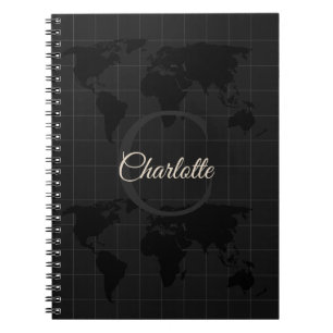Caderno Espiral Mapa Mundi Preto e Branco Personalizado com Monogr
