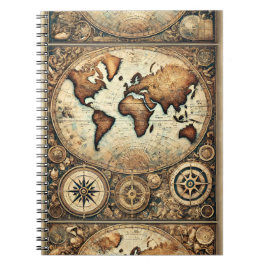 Caderno Espiral Mapa Mundial Vintage – Navegação Exploradora Antig