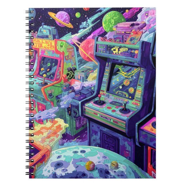 Caderno Espiral Máquinas de Arcade Retrô no Espaço (Frente)