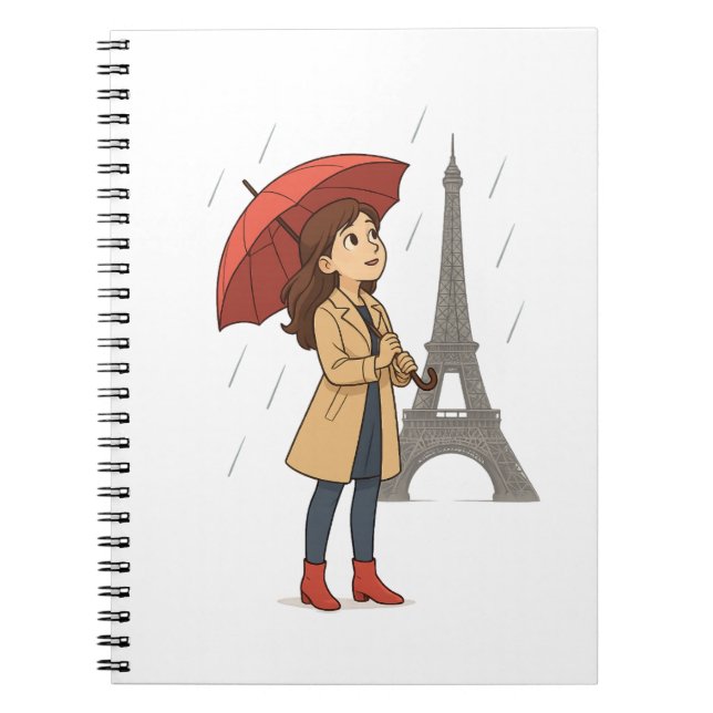 Caderno Espiral Maravilha Parisiense" – Moça com guarda-chuva sob  (Frente)