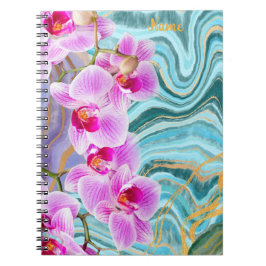 Caderno Espiral Marble Aqua Purple, Flor Rosa, Púrpura, Personaliz
