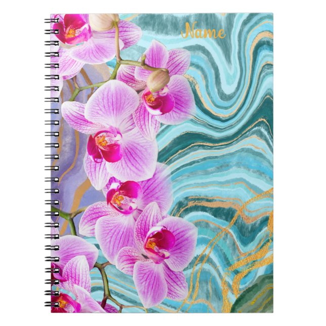 Caderno Espiral Marble Aqua Purple, Flor Rosa, Púrpura, Personaliz (Frente)