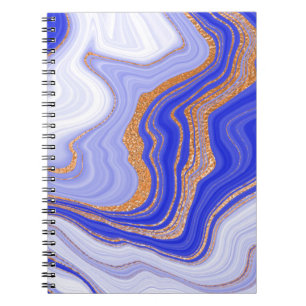 Caderno Espiral Marble Blue Dourado, Abstrato Moderno.