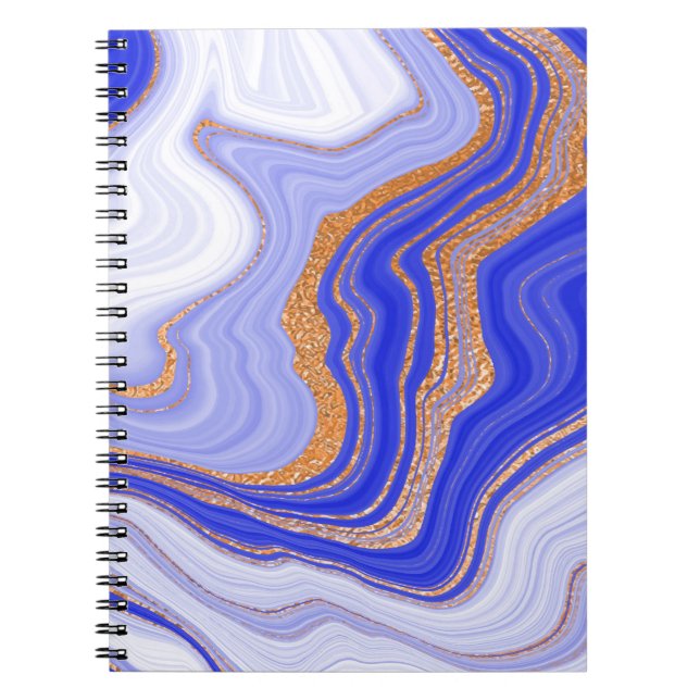 Caderno Espiral Marble Blue Dourado, Abstrato Moderno. (Frente)
