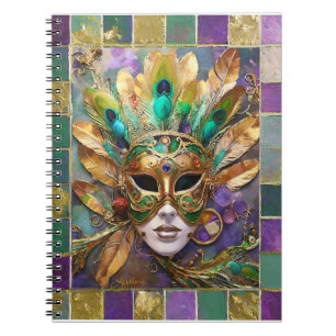 Caderno Espiral Mardi Gras Dourada e Máscara de Pavão Verde