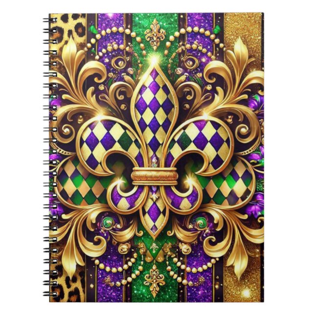 CADERNO ESPIRAL MARDI GRAS FLEUR DE LIS, DOURADO VERDE PURPEN (Frente)