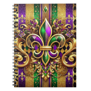 CADERNO ESPIRAL MARDI GRAS FLEUR DE LIS, DOURADO VERDE PURPEN