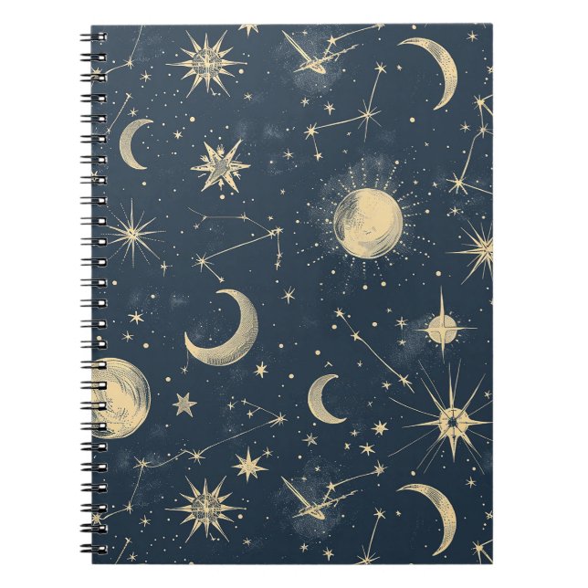 Caderno Espiral Marfim Antigo Mapa Celestial da Lua Estrela Azul-M (Frente)