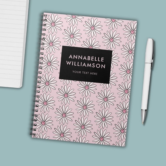 Caderno Espiral Margarida floral moderna rosa (Pink floral daisy personalized notebook journal)