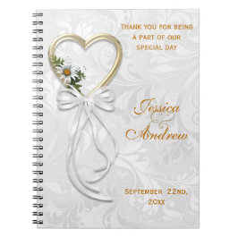 Caderno Espiral Margarida Romântica, Coração Dourado & Fita Branca