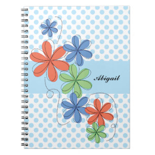Caderno Espiral Margaridas coloridas, bolinhas azuis,