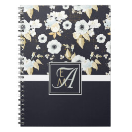 Caderno Espiral Marinho Azul Azul, Decoração Floral Branca Anêmona