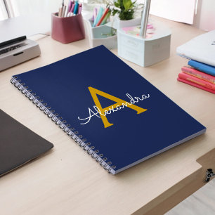 Caderno Espiral Marinho Azul Dourado Script Modern Girly Monogram 