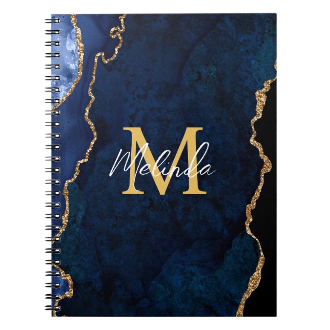 Caderno Espiral Marinho Azul e Ágata de mármore Dourada (Frente)