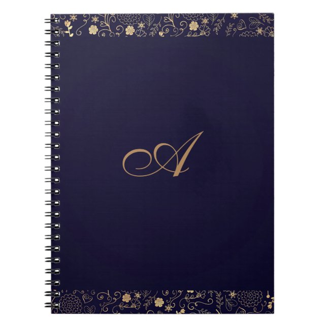 Caderno Espiral Marinho Azul e Dourada Folha Floral Elegante Rústi (Frente)