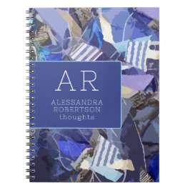 Caderno Espiral Marinho azul monograma abstrato tiras brancas roxa