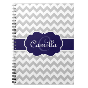 Caderno Espiral Marinho Azul Monograma Cinza Padrão de Cevon
