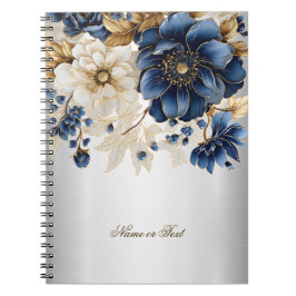 Caderno Espiral Marinho Azul Ouro Branco Flores Prateadas