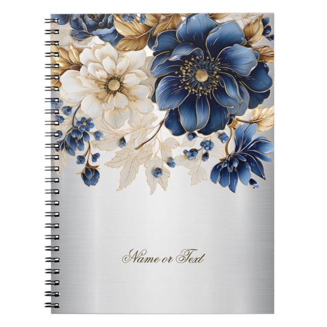 Caderno Espiral Marinho Azul Ouro Branco Flores Prateadas (Frente)