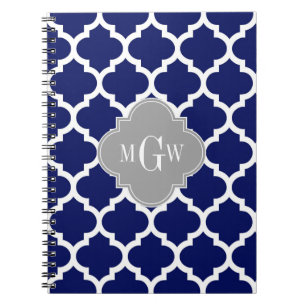 Caderno Espiral Marinho Azul Whroc Marroquino #5 Cinza 3 Monograma