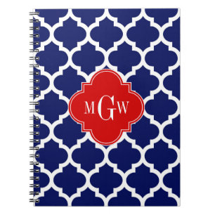 Caderno Espiral Marinho Branco marroquino #5 Vermelho 3 Monograma