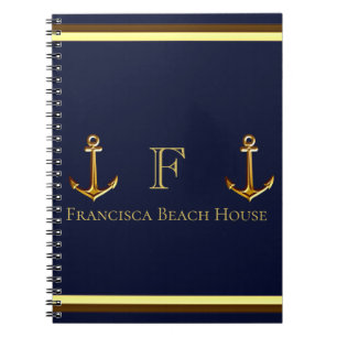Caderno Espiral Marinho costeiro Blue Náutico Dourado Anchor Beach