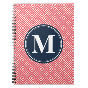 Caderno Espiral Marinho de Padrão Grego Cor de Melancia Rosa Mono