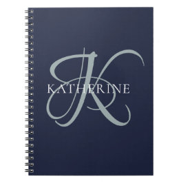 Caderno Espiral Marinho de Script Monograma Elegante Moderno Azul
