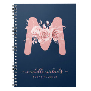 Caderno Espiral Marinho Dourado Rosa De Quic Monograma De Aquarela