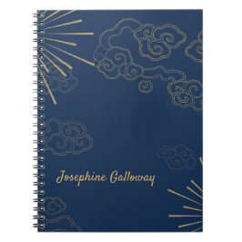 Caderno Espiral Marinho Elegante abstrato Monograma Chic Dourado A