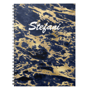 Caderno Espiral Marinho Elegante Blue Faux Dourado Glitter Marble