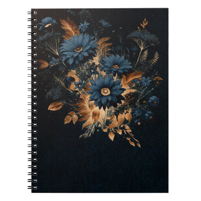 Caderno Espiral Marinho Escuro Azul e Dourado Floral Glam Boho (Frente)