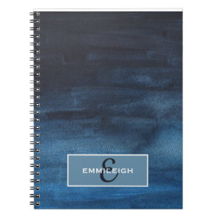 Caderno Espiral Marinho Moderno Elegante Blue Watercolor Nome Mono
