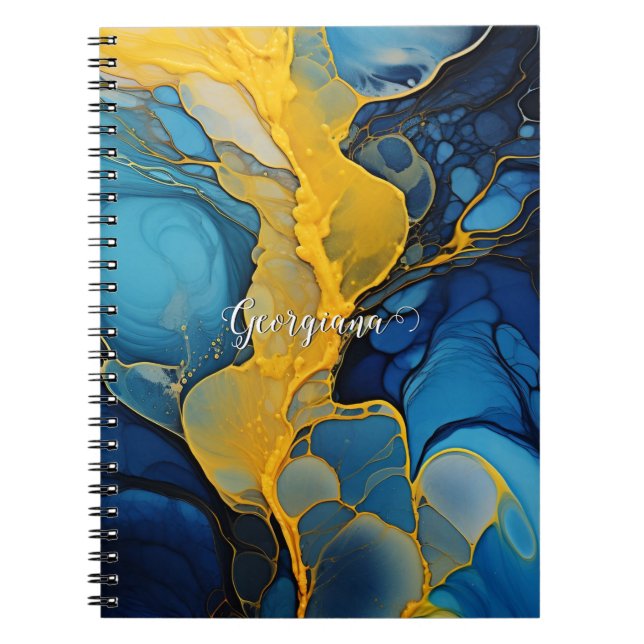 Caderno Espiral Marinho personalizado e Dourada Arte Fluida com Ti (Frente)