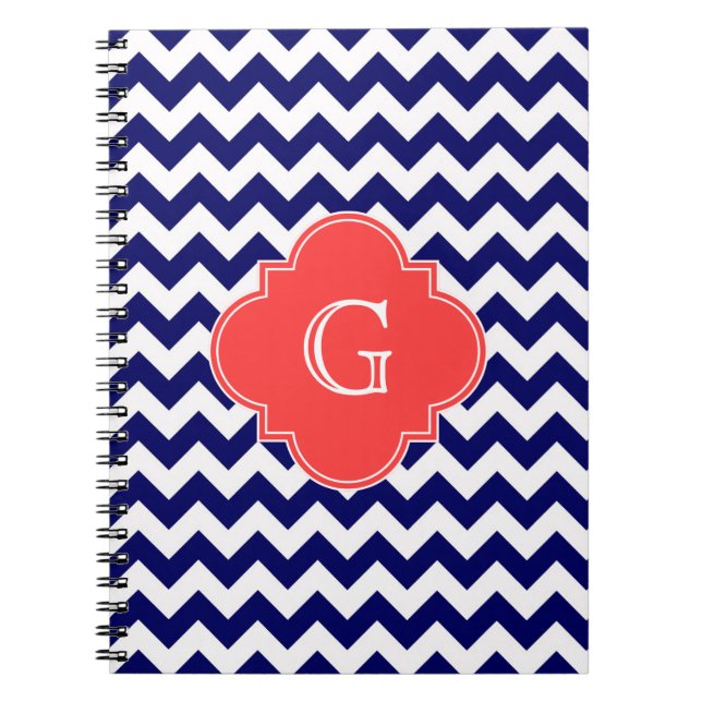 Caderno Espiral Marinho Whevron Zigzag Coral Quatrefoil Monograma (Frente)