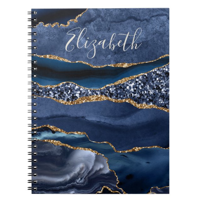 Caderno Espiral Mármaco Azul, Glitter Agitado Dourado (Frente)