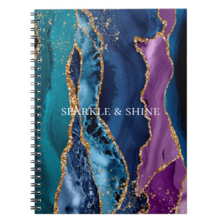 Caderno Espiral Mármaco Dourado azul-roxo-turquesa