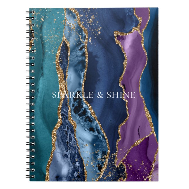 Caderno Espiral Mármaco Dourado azul-roxo-turquesa (Frente)